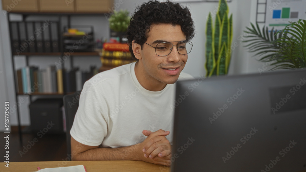 A handsome young hispanic man is working diligently in an organized office, focused on a computer screen with a plant in the background. A handsome young hispanic man is working diligently in an organized office, focused on a computer screen with a plant in the background.