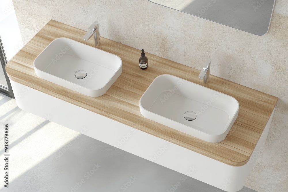 View of two sinks, mirrors, and other accessories in the top right corner of a bathroom View of two sinks, mirrors, and other accessories in the top right corner of a bathroom