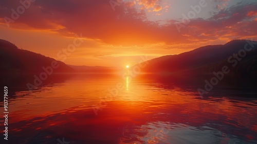  A sunset over a expansive water body with mountains in the backdrop