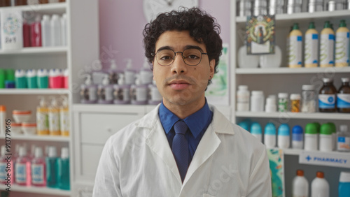 Hispanic man in white coat and glasses poses in a well-stocked pharmacy, surrounded by various medical supplies and colorful bottles on shelves.