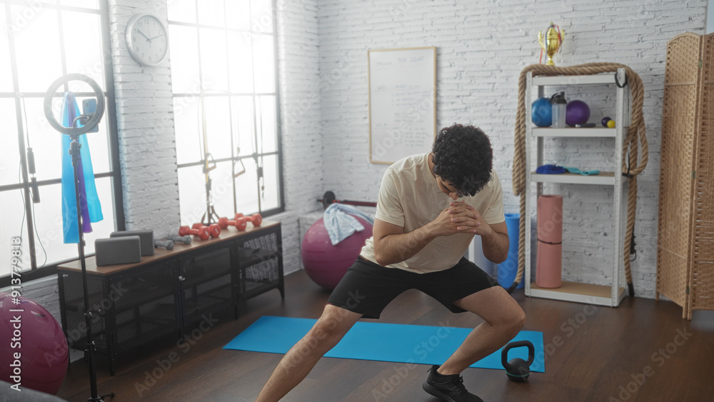 A young hispanic man exercising in a gym with various fitness equipment around the room, including dumbbells, a kettlebell, and a yoga mat. A young hispanic man exercising in a gym with various fitness equipment around the room, including dumbbells, a kettlebell, and a yoga mat.