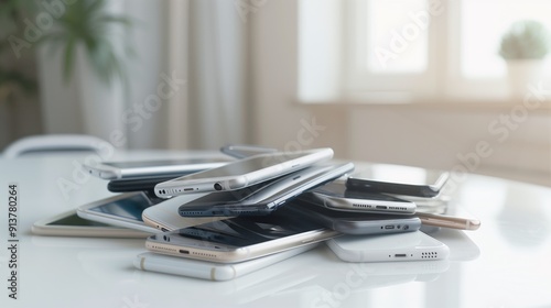 Stack of various smartphones in different colors and models on a clean white table in a modern, bright room. Concepts of technology, electronics recycling, and smartphone diversity.