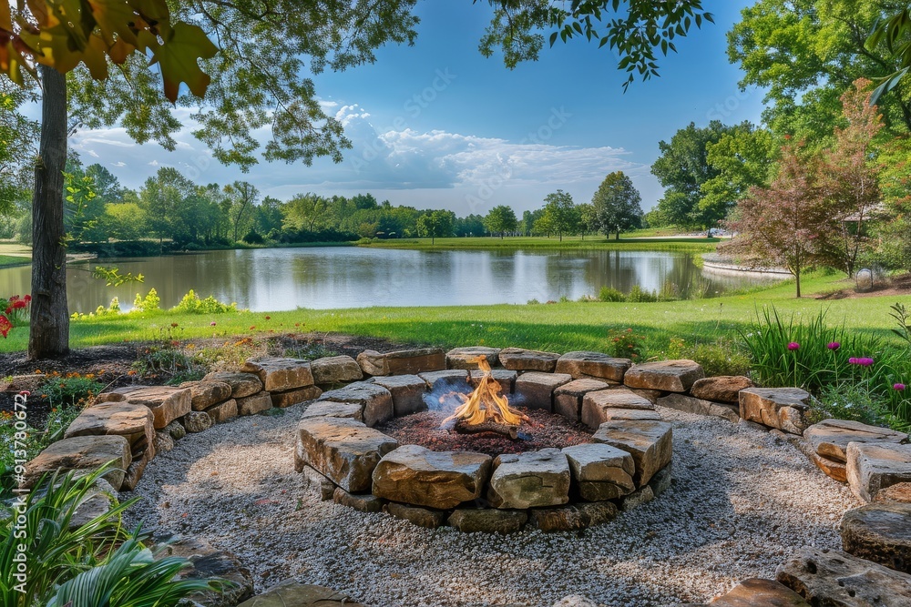 Fototapeta premium Large Round Fire Pit with Stone Seating, Surrounded by Gravel in a Scenic Backyard with Trees, Flowers, and Lakeside Views