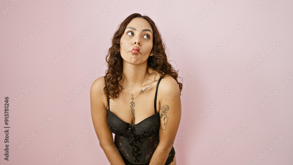 A playful young woman makes a funny face, standing before a pink background with visible tattoos, wearing a black top. A playful young woman makes a funny face, standing before a pink background with visible tattoos, wearing a black top.