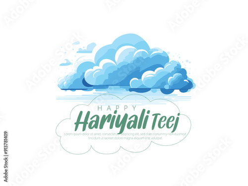 A woman in a colorful saree is sitting on a swing under a tree, with black Shiva Lingam the text "Happy Hariyali Teej" written in a stylish font.