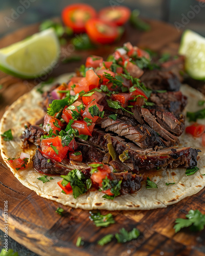 flavorful texas bbq beef brisket tacos with tender slices of brisket, chopped tomatoes, and cilantro, served with lime wedges and salsa, perfect for a summer party