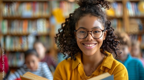  A young girl in glasses, engrossed in a book, stands before a packed bookshelf Children play in the background