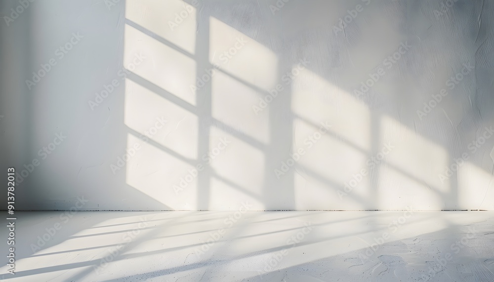 Obraz premium A bright white room with light shining through the window, casting soft shadows on an empty wall. creating an abstract and minimalist background for product display or presentation