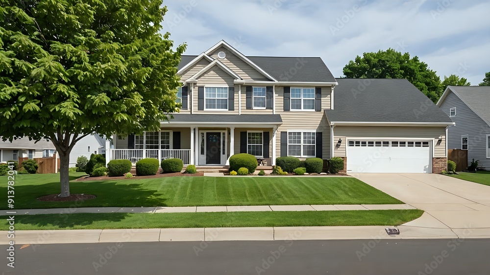 A well-maintained suburban home with a manicured lawn and a driveway leading to the garage. A well-maintained suburban home with a manicured lawn and a driveway leading to the garage.