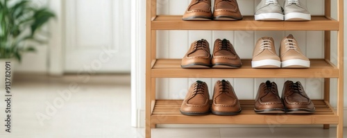 Bamboo shoe rack with multiple tiers in an entryway, eco-friendly furniture, organized and stylish