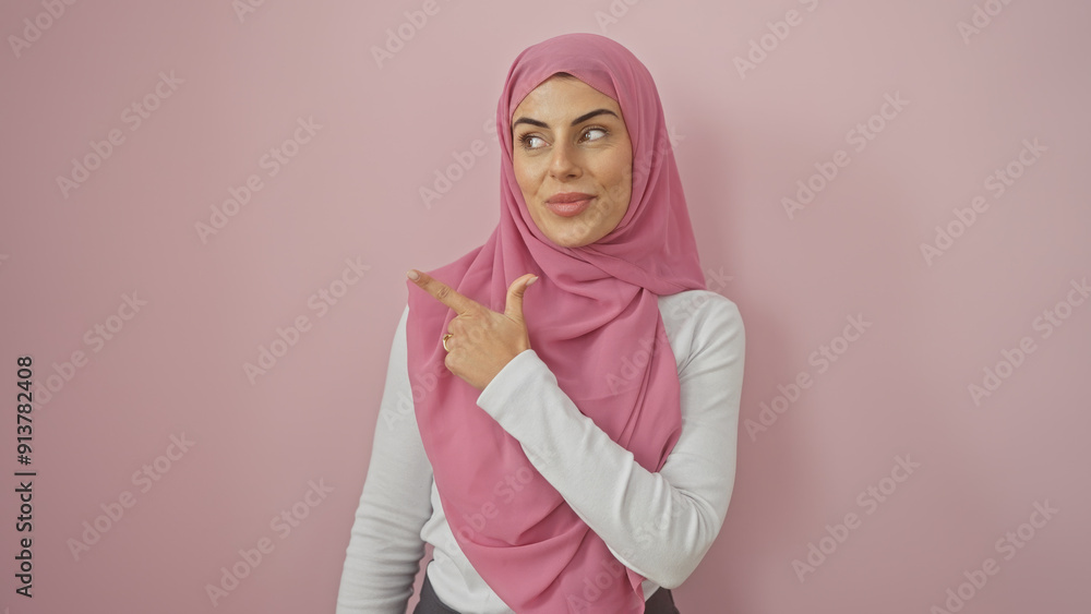 A young hispanic woman in a pink hijab gestures to her side against a pink background, evoking a sense of direction and choice.