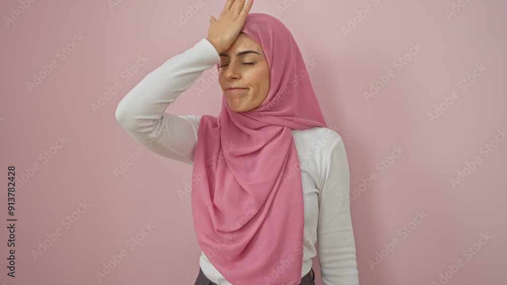 A young adult woman wearing a hijab poses with a forgetful expression against a pink background. A young adult woman wearing a hijab poses with a forgetful expression against a pink background.