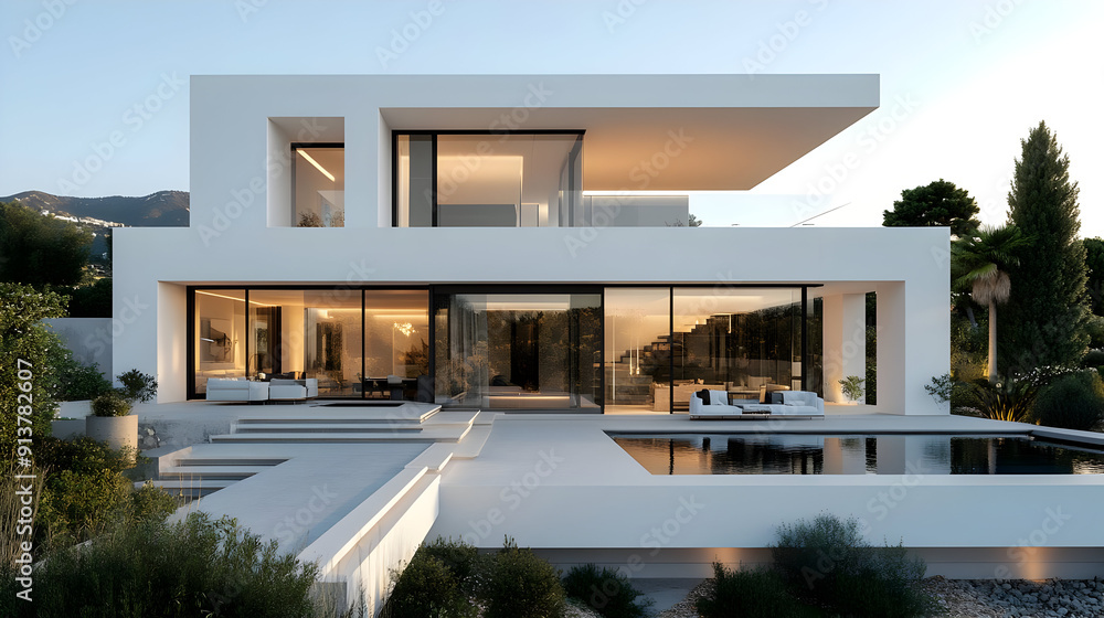 Modern white house with pool and patio. Modern white house with pool and patio.