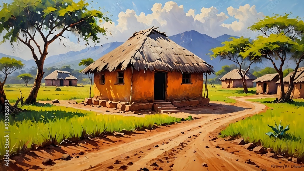 A painted landscape with a dirt road leading to a thatched hut in a rural village. A painted landscape with a dirt road leading to a thatched hut in a rural village.