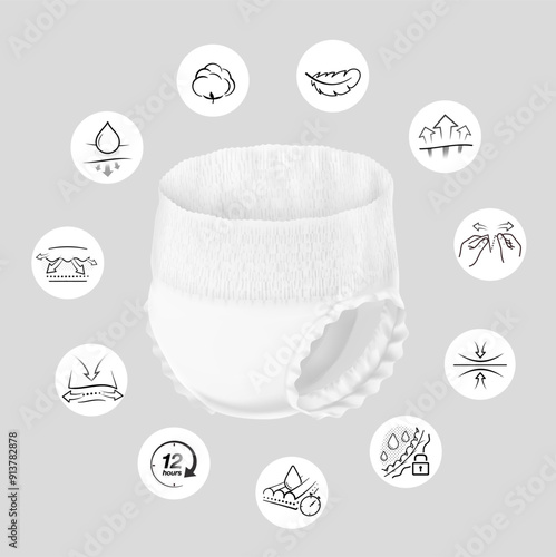 Detailed diaper pant mockup with set icons. Vector illustration isolated on grey background. Perfect for showing the diaper pants, its main parts and benefits for baby, adults. EPS10.