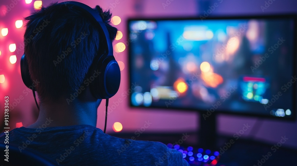 In a colorful environment, a gamer wears headphones and plays on a computer. In a colorful environment, a gamer wears headphones and plays on a computer.