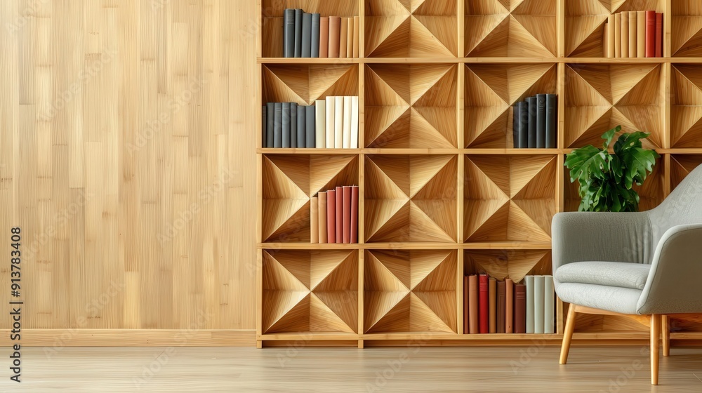 Innovative bamboo bookshelf with geometric patterns in a reading nook, eco-friendly furniture, sustainable elegance Innovative bamboo bookshelf with geometric patterns in a reading nook, eco-friendly furniture, sustainable elegance
