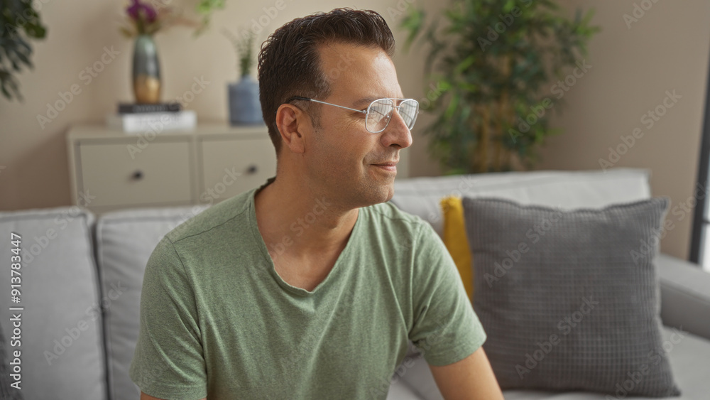 Hispanic man sitting in a cozy living room with green shirt and glasses, looking thoughtful Hispanic man sitting in a cozy living room with green shirt and glasses, looking thoughtful