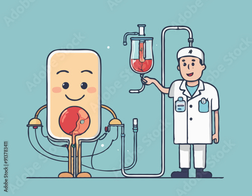 Cartoon Character Boy and Hemodialysis Renal Scheme Concept