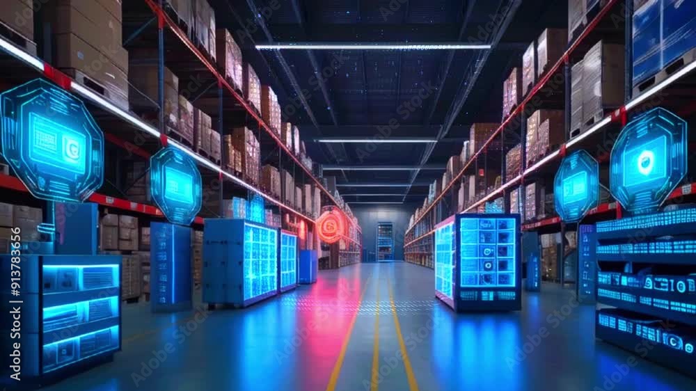 Futuristic warehouse with blue and red lights, and rows of shelves with boxes. Futuristic warehouse with blue and red lights, and rows of shelves with boxes.
