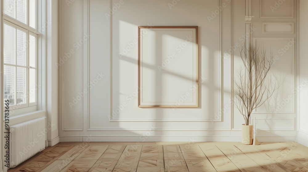 Bright and Airy Minimalist Interior With Empty Frame and Decorative Branch in Natural Light Bright and Airy Minimalist Interior With Empty Frame and Decorative Branch in Natural Light