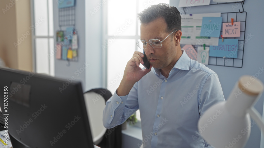 Middle-aged hispanic man working in an office while talking on the phone, surrounded by strategy notes and a computer, depicting a focused and professional workplace setting. Middle-aged hispanic man working in an office while talking on the phone, surrounded by strategy notes and a computer, depicting a focused and professional workplace setting.