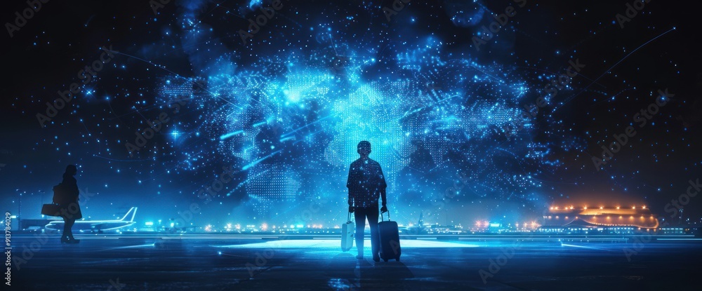 Silhouettes of Travelers on an Airport Runway at Night Silhouettes of Travelers on an Airport Runway at Night