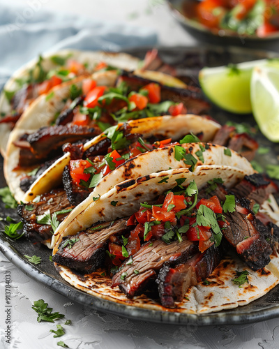 savory texas bbq beef brisket tacos featuring tender sliced brisket, juicy tomatoes, and fresh cilantro, served with lime wedges and salsa