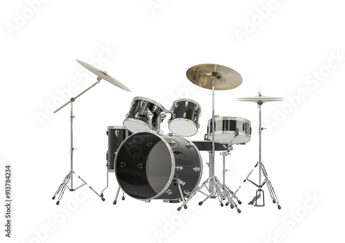 Drum kit, black color. 3D rendering isolated on white background