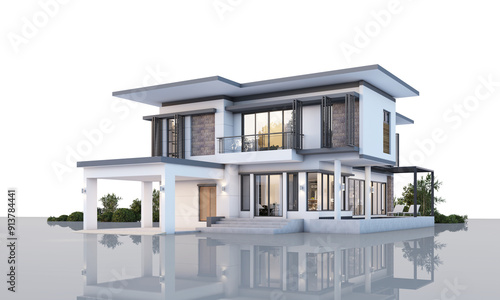 Architecture 3d rendering illustration of modern  house on white background