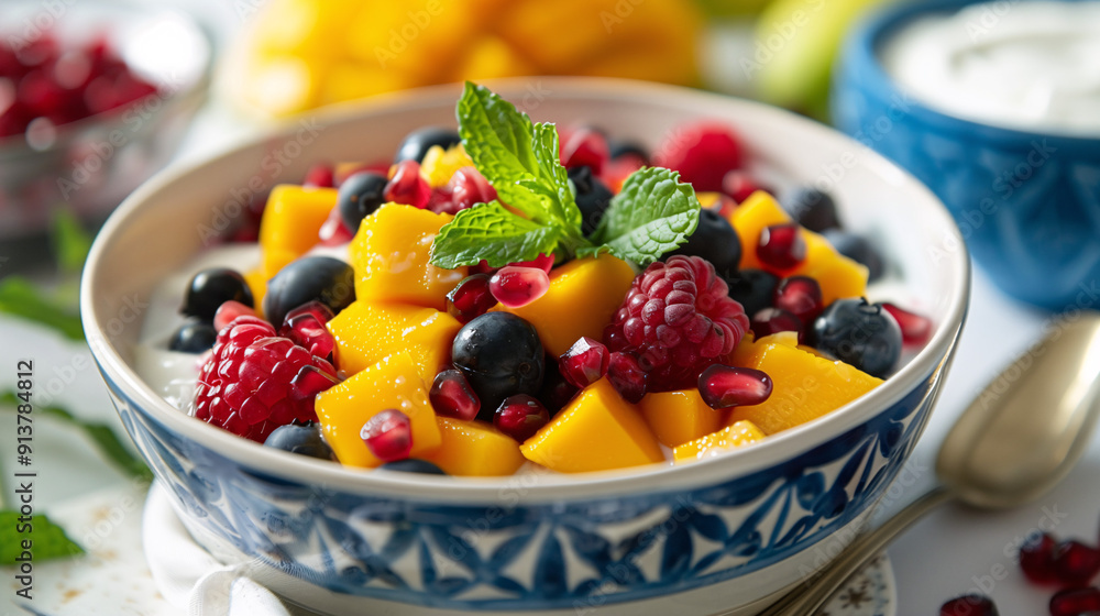 a colorful fruit bowl with mixed berries, mango chunks, and pomegranate seeds, garnished with mint leaves, placed on a white table with a blue ceramic bowl and a side of yogurt a colorful fruit bowl with mixed berries, mango chunks, and pomegranate seeds, garnished with mint leaves, placed on a white table with a blue ceramic bowl and a side of yogurt