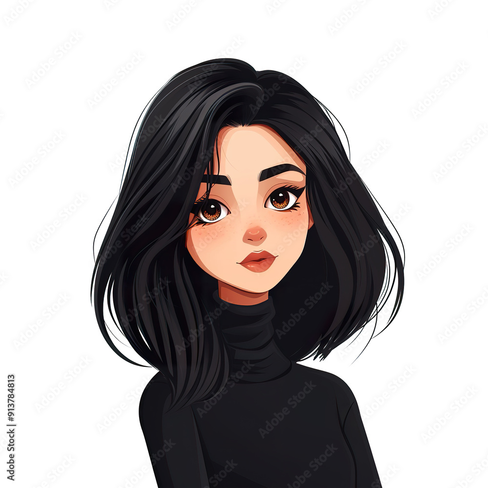 Cartoon illustration of a woman with long black hair and brown eyes, generative ai image Cartoon illustration of a woman with long black hair and brown eyes, generative ai image