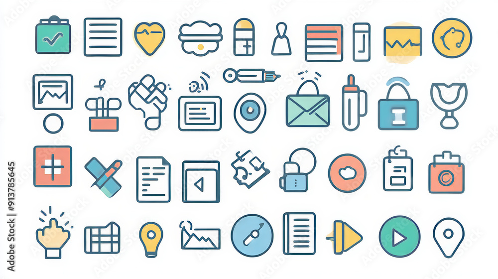 Collection of 576 thin web icons for various categories: business, finance, shopping, medical, technology, social media, education, and more. Collection of 576 thin web icons for various categories: business, finance, shopping, medical, technology, social media, education, and more.