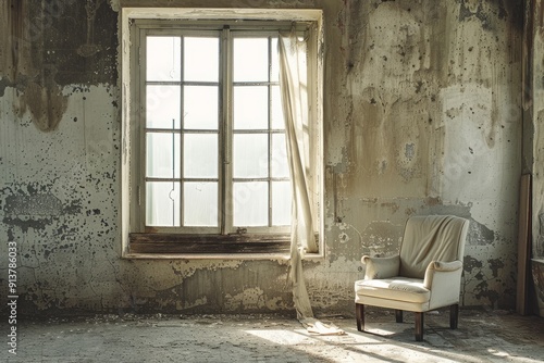 single, open window with torn curtains fluttering in the wind, set against a stark, empty room with a lone chair knocked over, symbolizing the sudden and risky nature of a daring escape