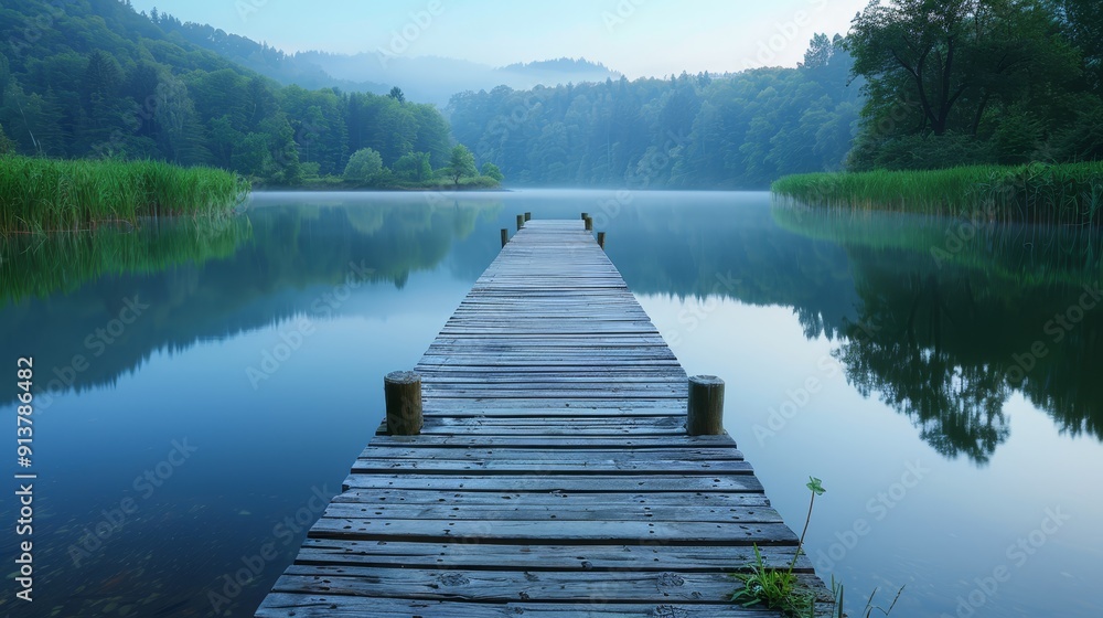 A wooden dock floats on the tranquil lake, adjacent to a verdant forest teeming with numerous green trees A wooden dock floats on the tranquil lake, adjacent to a verdant forest teeming with numerous green trees