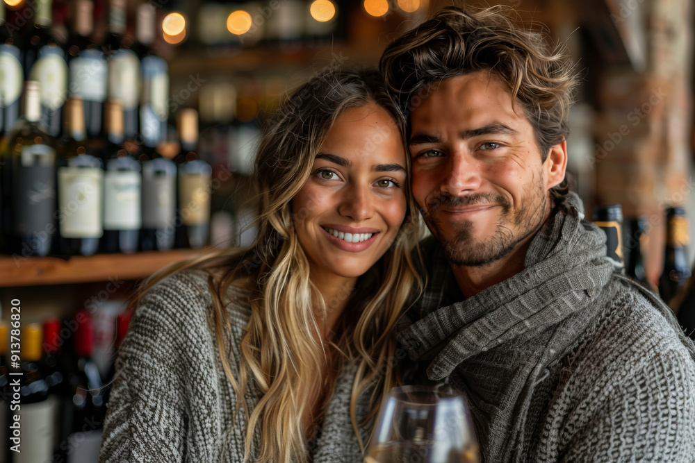Happy couple enjoying wine together at a cozy wine bar, surrounded by bottles of wine Happy couple enjoying wine together at a cozy wine bar, surrounded by bottles of wine