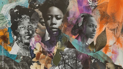 A mixed-media collage combining photographs of people from diverse backgrounds, interwoven with elements of nature and cultural symbols. The layered composition creates a rich narrative 