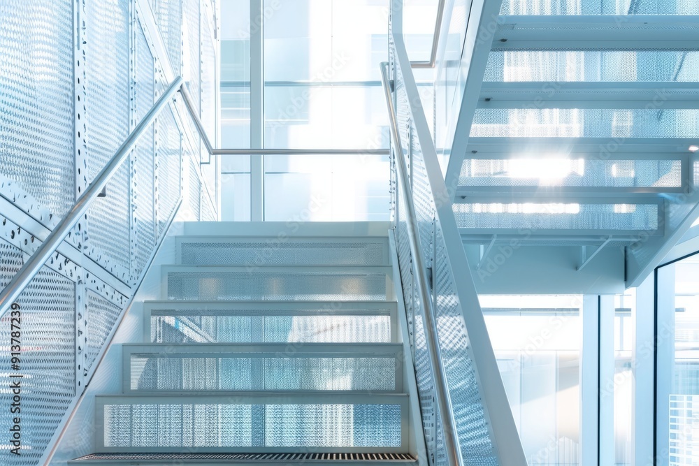 A modern architectural interior featuring a staircase with perforated metal grating steps, the transparent design allowing light to filter through, creating a sense of openness and industrial elegance A modern architectural interior featuring a staircase with perforated metal grating steps, the transparent design allowing light to filter through, creating a sense of openness and industrial elegance