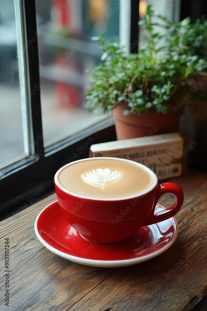 Fototapeta premium Red coffee cup with frothy