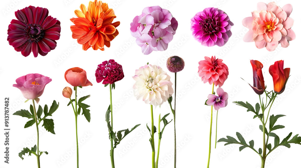 Blooming Flowers Isolated on Transparent Background, Vibrant Colors for Design Projects Blooming Flowers Isolated on Transparent Background, Vibrant Colors for Design Projects
