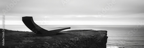 A monochromatic photograph of a modern chaise lounge in bold black and white, positioned dramatically on the edge of a stark cliff overlooking a windswept ocean horizon, echoing the timeless allure  photo