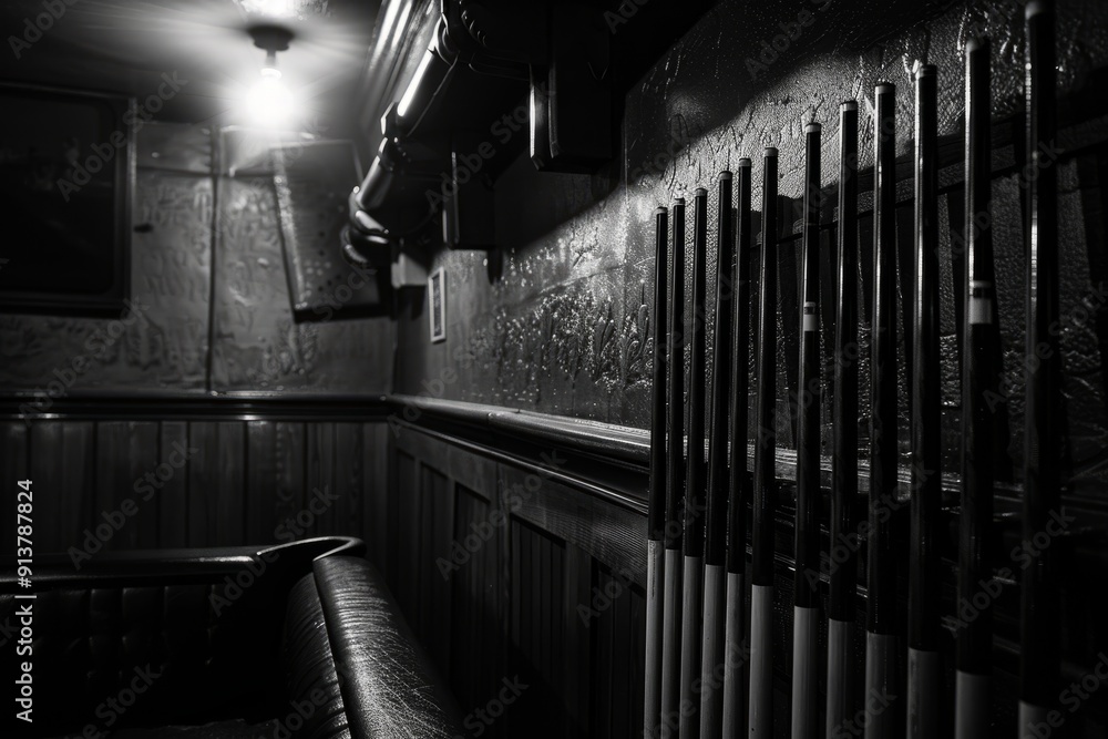 Φωτογραφία A moody, atmospheric shot of a cue rack hanging on the wall of a dimly lit pool hall
