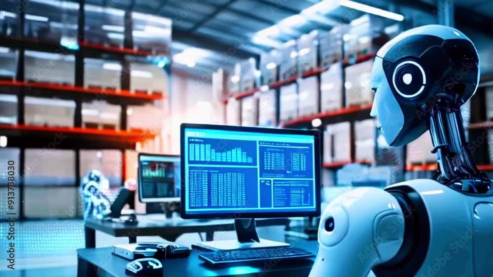 A robot working in a warehouse with a computer showing data on the screen. A robot working in a warehouse with a computer showing data on the screen.