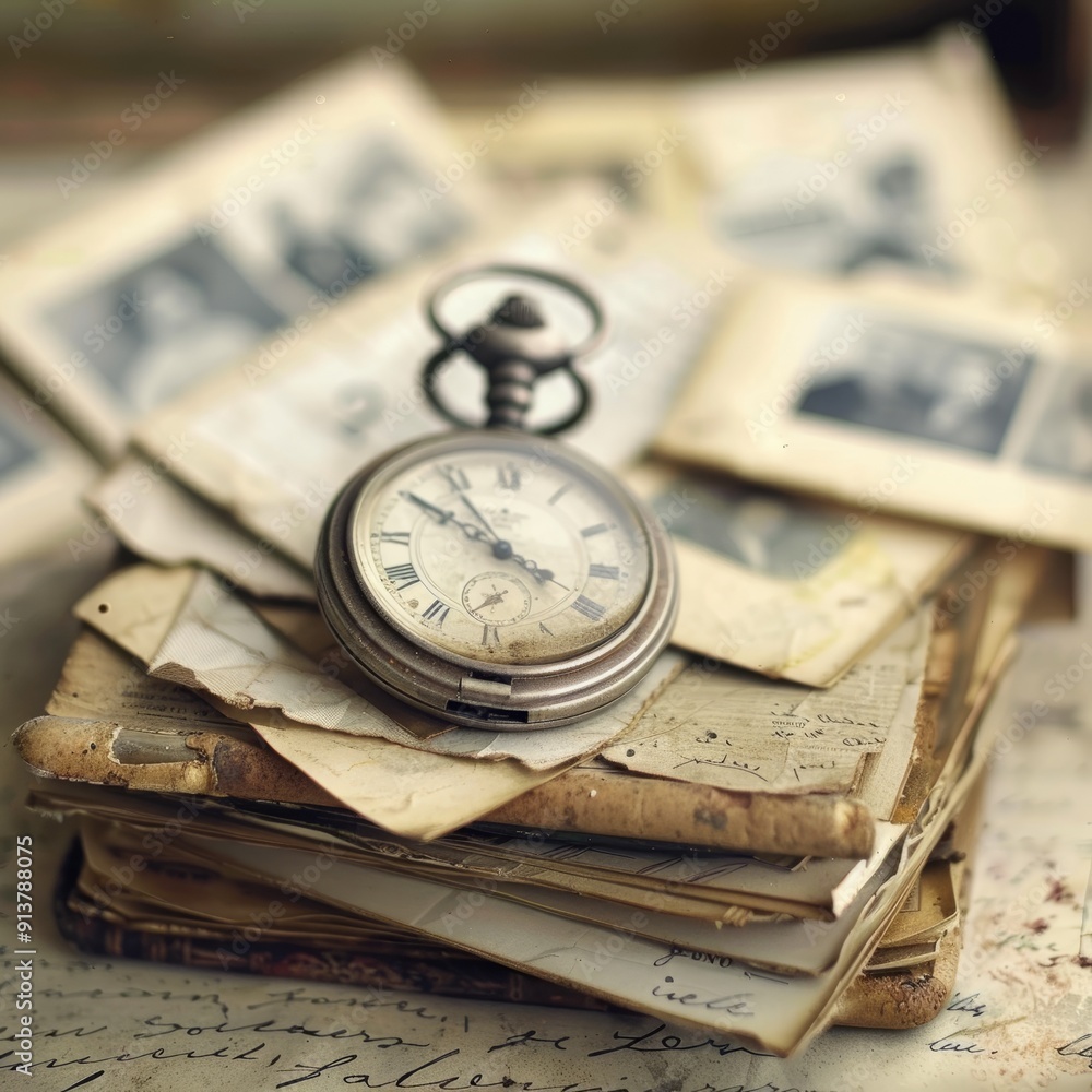 weathered, antique pocket watch resting on a stack of old letters and faded photographs, symbolizing the passage of time and cherished memories weathered, antique pocket watch resting on a stack of old letters and faded photographs, symbolizing the passage of time and cherished memories