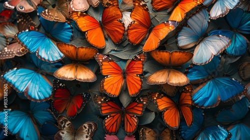  A collection of orange and blue butterflies against a white and black backdrop, featuring a solitary red and blue butterfly at picture's center