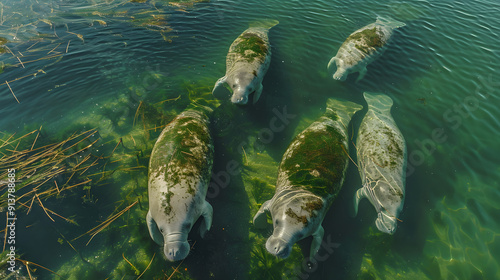 A peaceful scene of manatees grazing on seagrass in a shallow waterway, surrounded by tranquility. photo