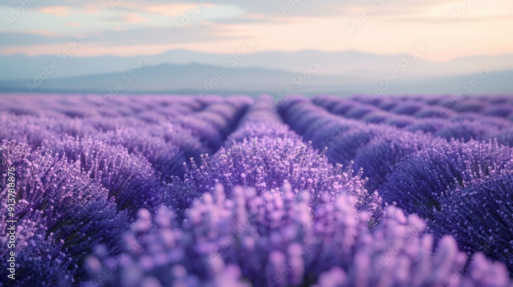 Obraz premium Rows of lavender flowers in a field, mountains in the distance Hazy sky background