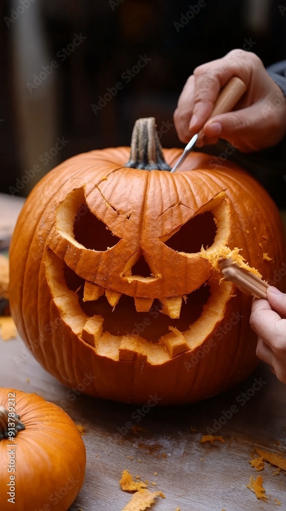 Hands Carving Scary Face into Pumpkin for Halloween