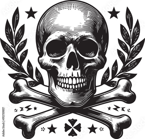 Vintage skull and crossbones monochrome template vector  on white background. Classic Skull and Crossbones: Monochrome Vector Design