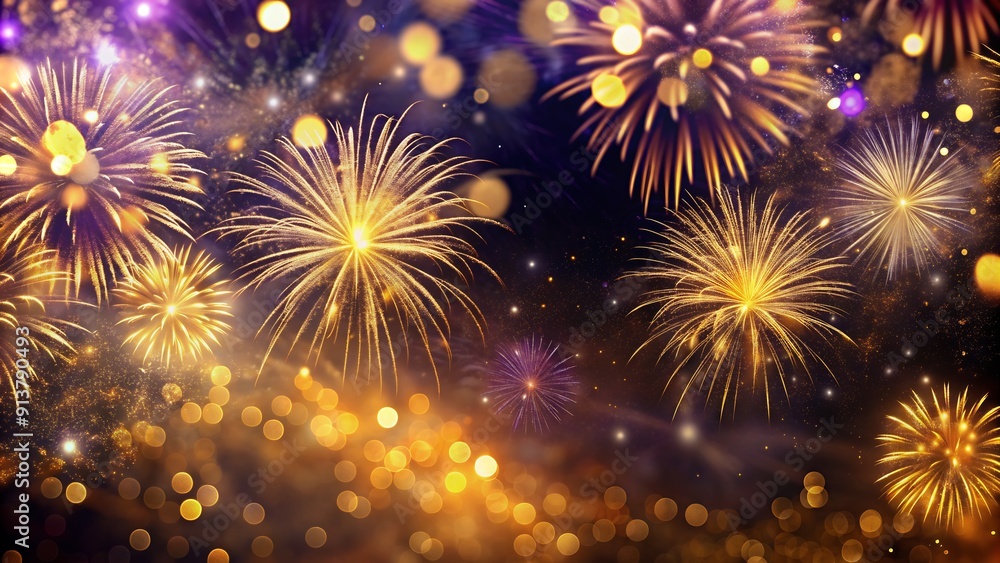 Fototapeta premium Combination of shimmering bokeh and dazzling fireworks in gold and violet, perfect for adding a touch of New Year's Eve magic to your greeting cards, social media posts, or presentations.